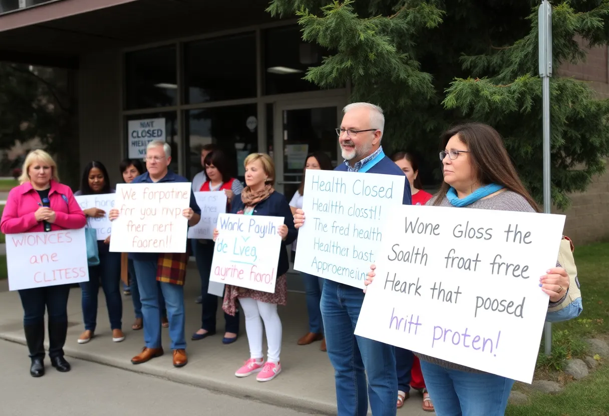 Community members outside the closed Libby asbestos health clinic expressing concern
