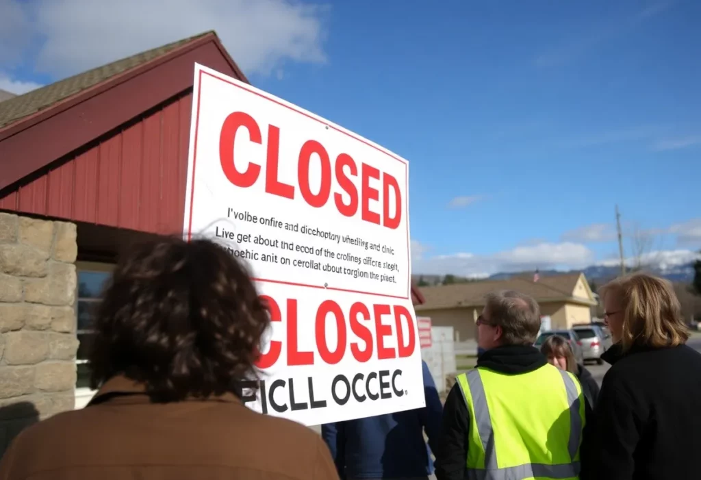 Sign indicating the closure of the CARD Clinic in Libby, Montana.