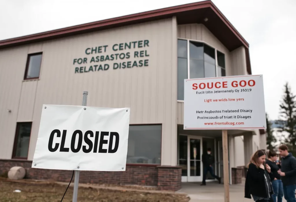 Community members showing concern outside the closed Center for Asbestos Related Disease in Libby, Montana.