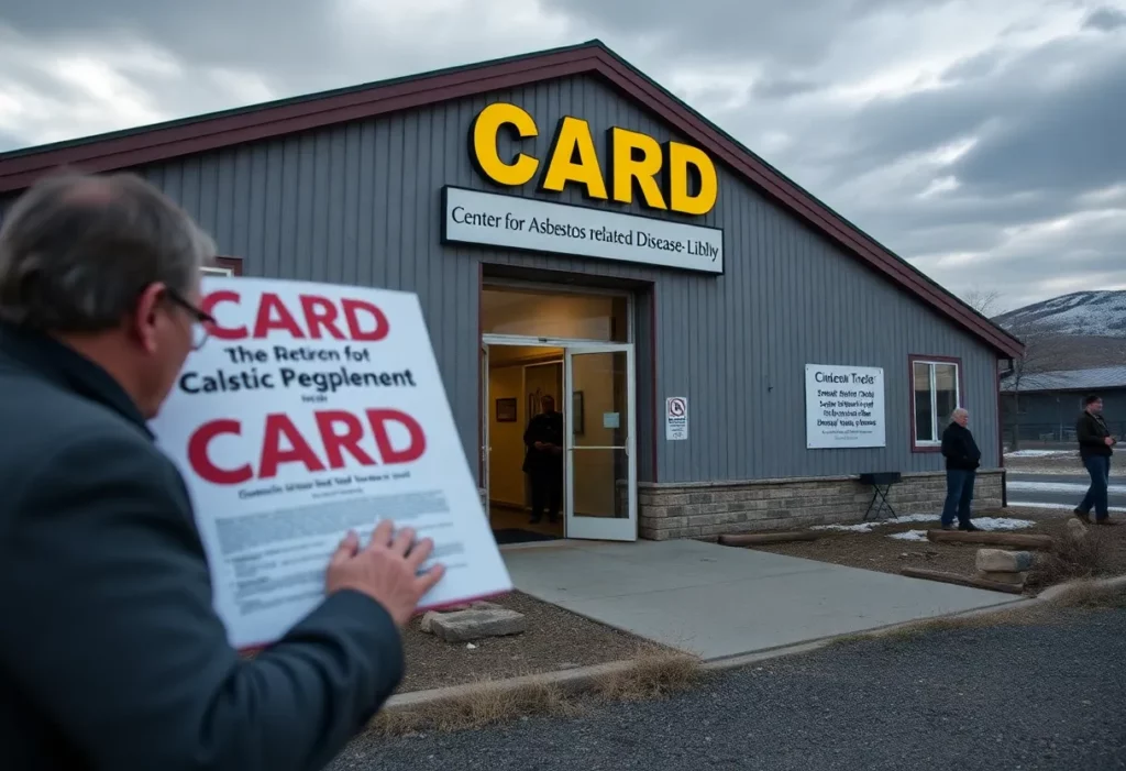Exterior view of CARD clinic in Libby Montana with legal documents in the foreground.