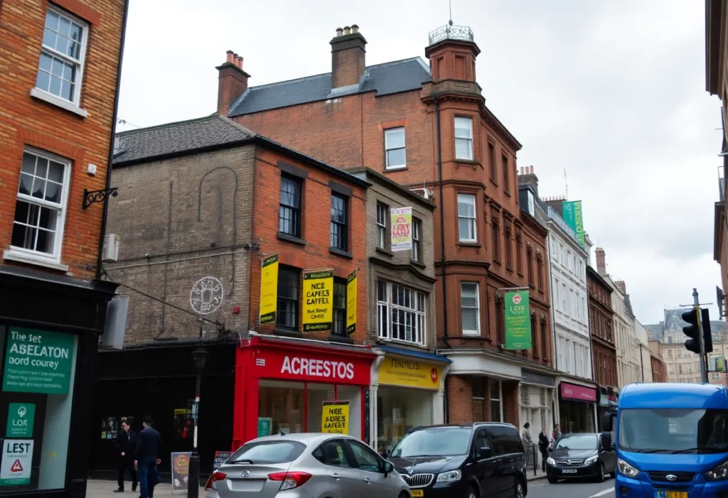 Street in London with signs about asbestos safety