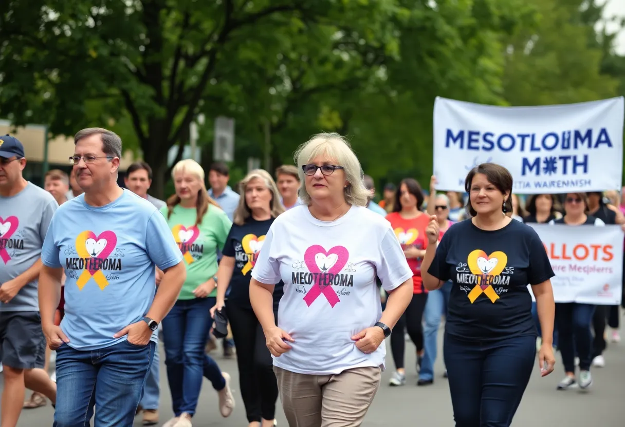 People participating in a charity walk for Mesothelioma Awareness Month