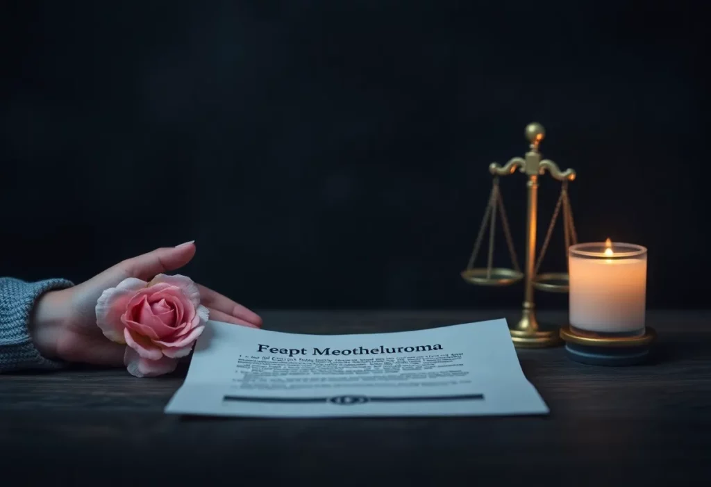 Symbolic representation of the battle against mesothelioma with elements of support and legal justice.