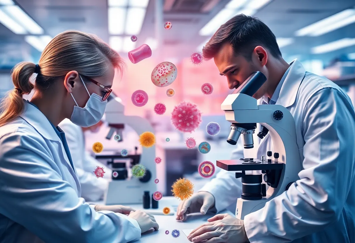 Researchers analyzing cancer cells under a microscope in a lab.