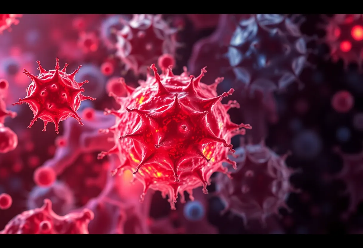 Abstract illustration of diverse mesothelioma cell types and microenvironment.