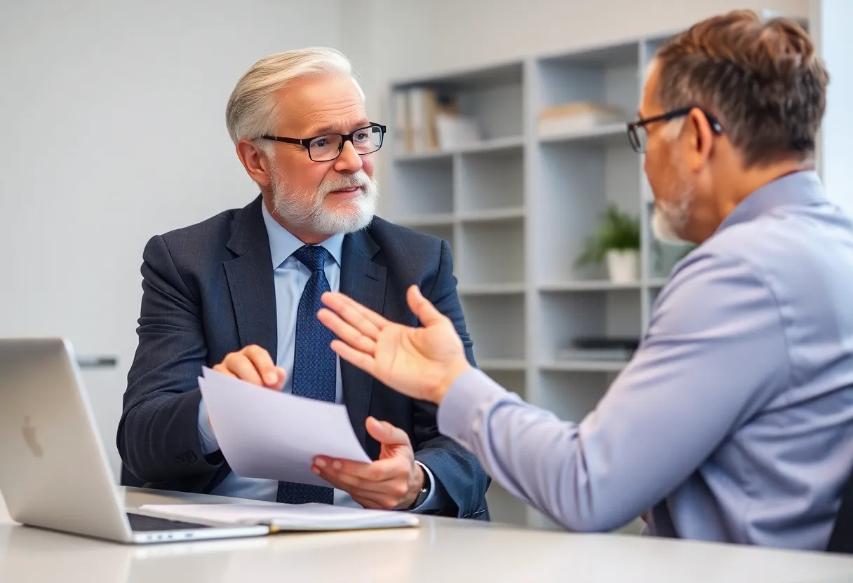 A mesothelioma lawyer discussing legal options with a patient.