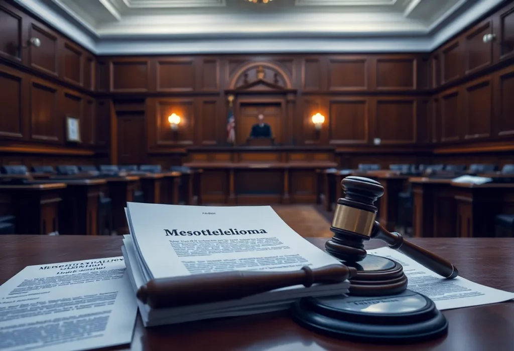 Courtroom setting focused on mesothelioma litigation with legal documents.