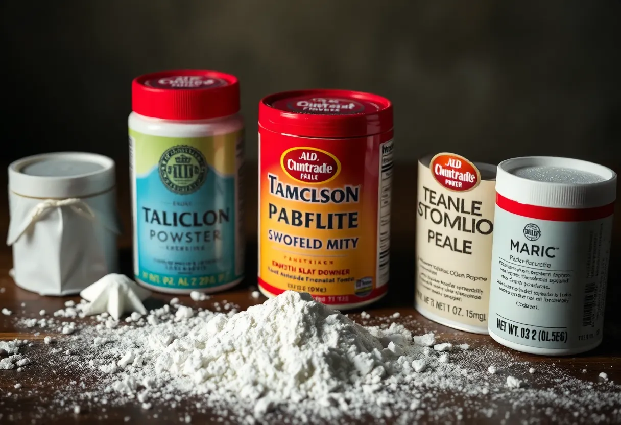 Illustration of mesothelioma risk associated with talcum powder and asbestos fibers.