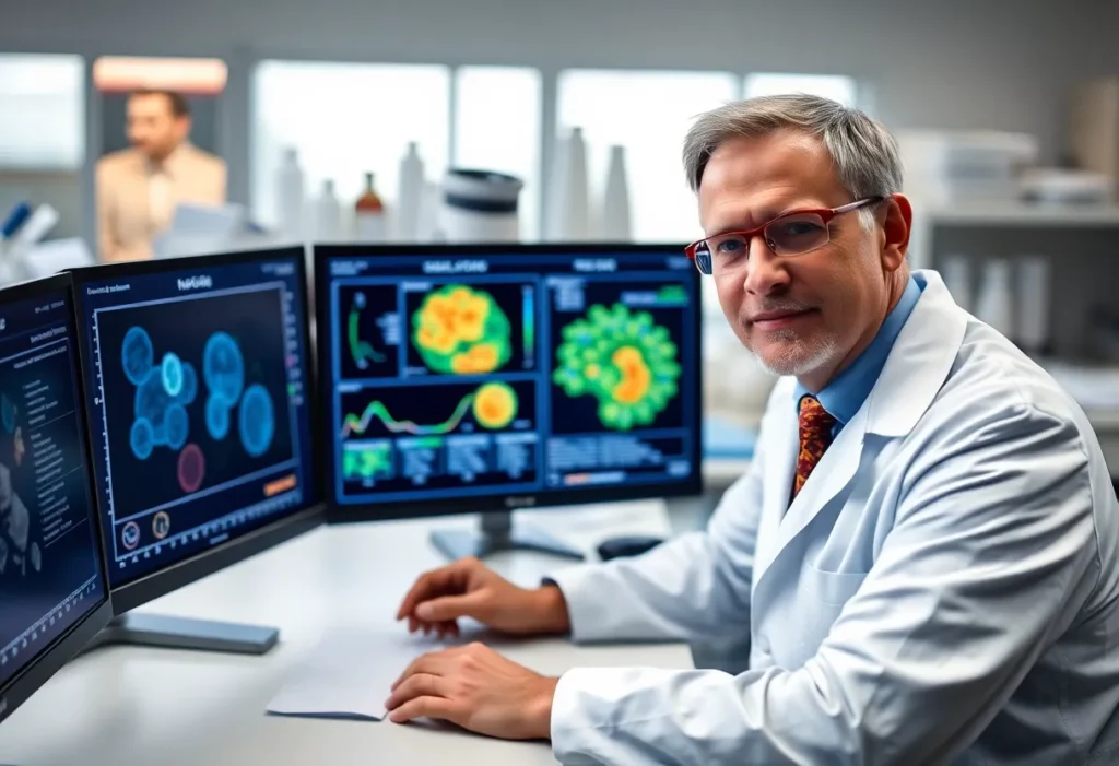 A scientist discussing mesothelioma treatment results with visual data.