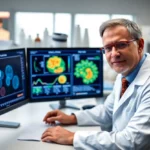 A scientist discussing mesothelioma treatment results with visual data.