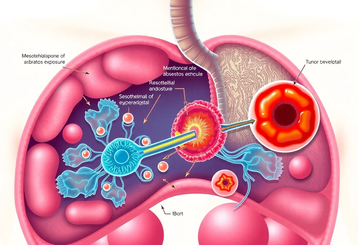 Illustration depicting the cellular effects of mesothelioma due to asbestos exposure.