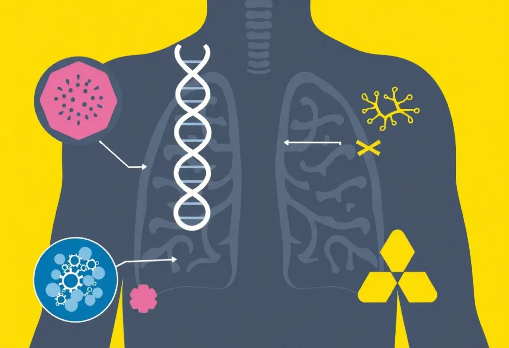 Illustration showing genetic mechanisms related to Malignant Pleural Mesothelioma and asbestos exposure