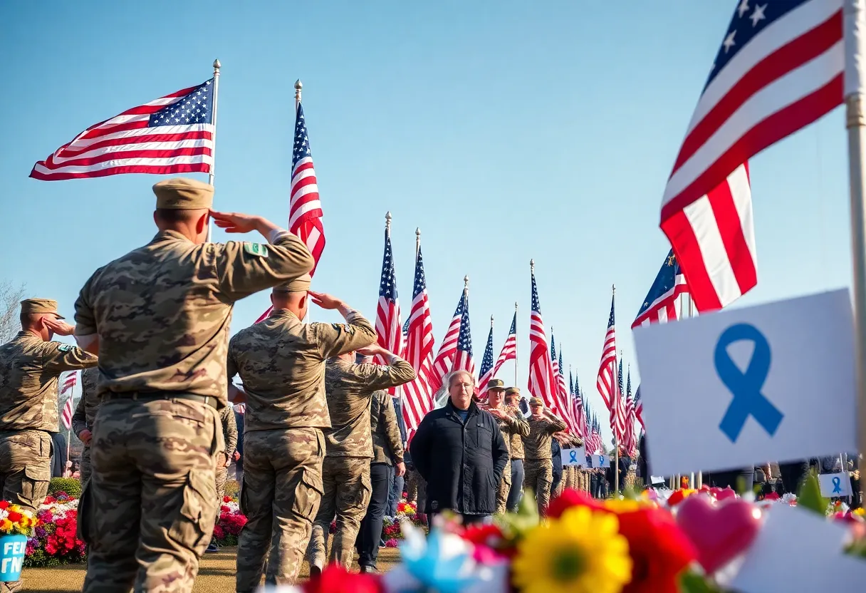 Veterans saluting with flags during National Military Appreciation Month