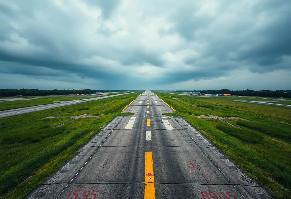 Aerial view of Nottingham City Airport runway showing grass and construction signs.