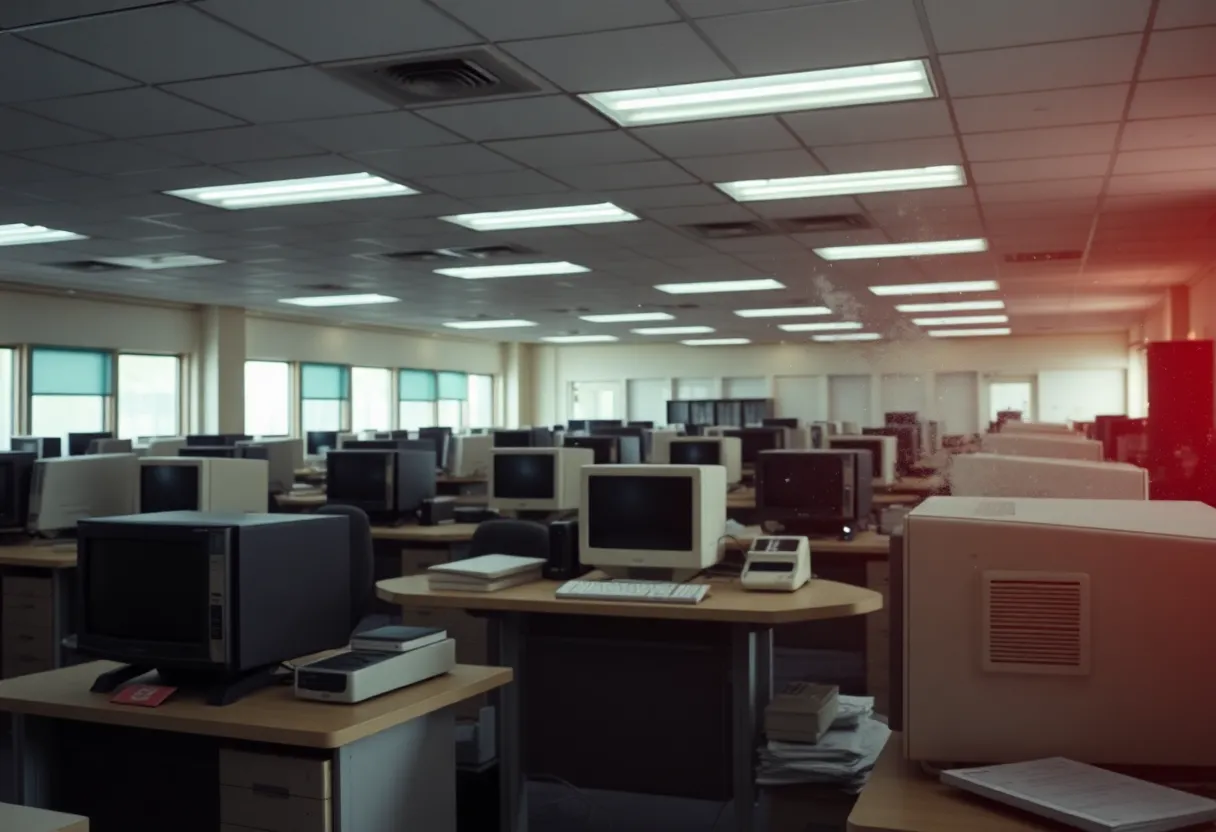 Vintage office with dust and ceiling tiles depicting asbestos risk