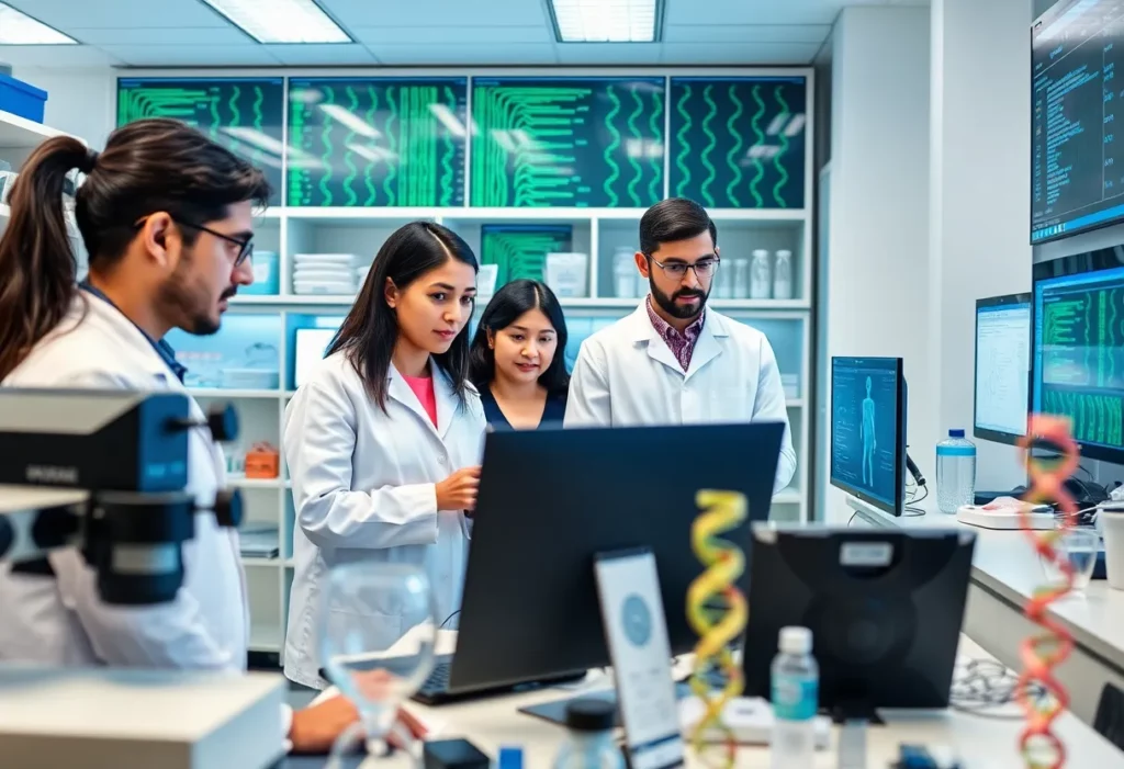 Researchers analyzing genetic data in a laboratory.