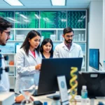 Researchers analyzing genetic data in a laboratory.