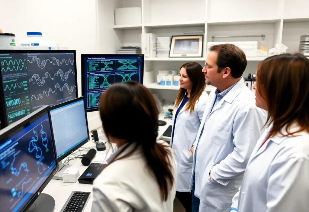 Scientists analyzing genetic markers related to malignant pleural mesothelioma in a laboratory.