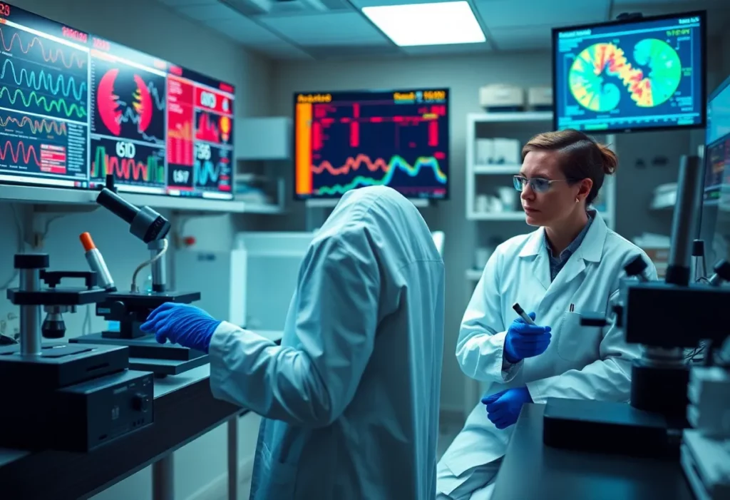 Scientists examining genetic data in relation to mesothelioma caused by asbestos exposure.