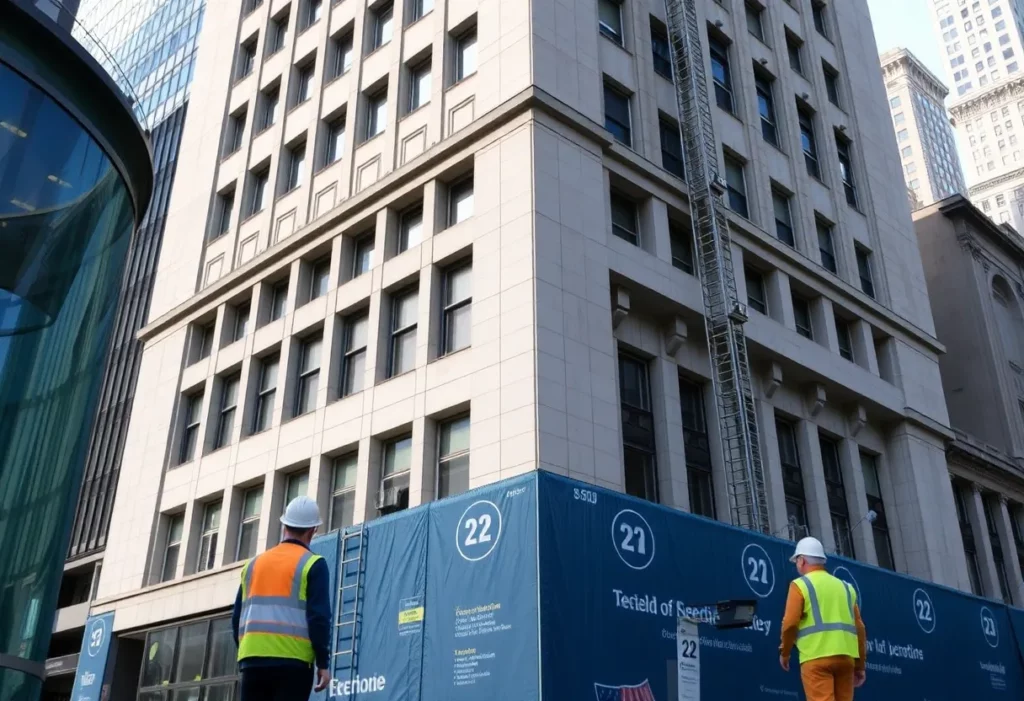 Construction workers at the Reserve Bank headquarters for asbestos remediation
