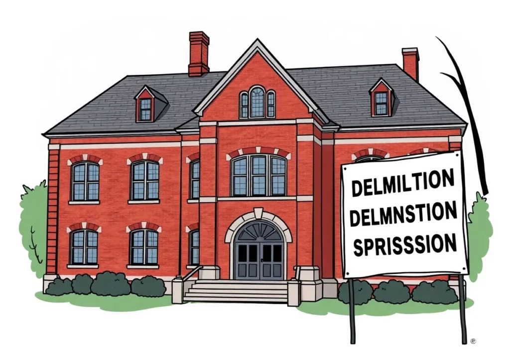 Historic Salem University Administration Building with demolition sign