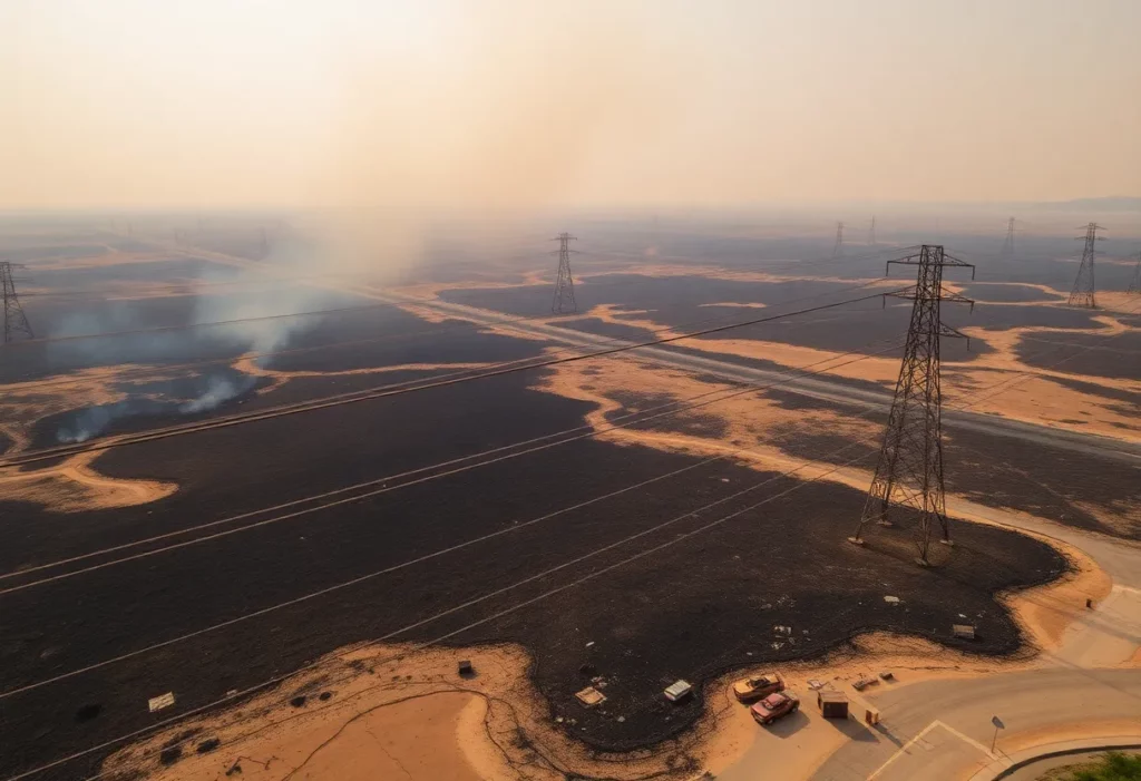 Burned land after the Eaton Fire with power lines in the foreground.