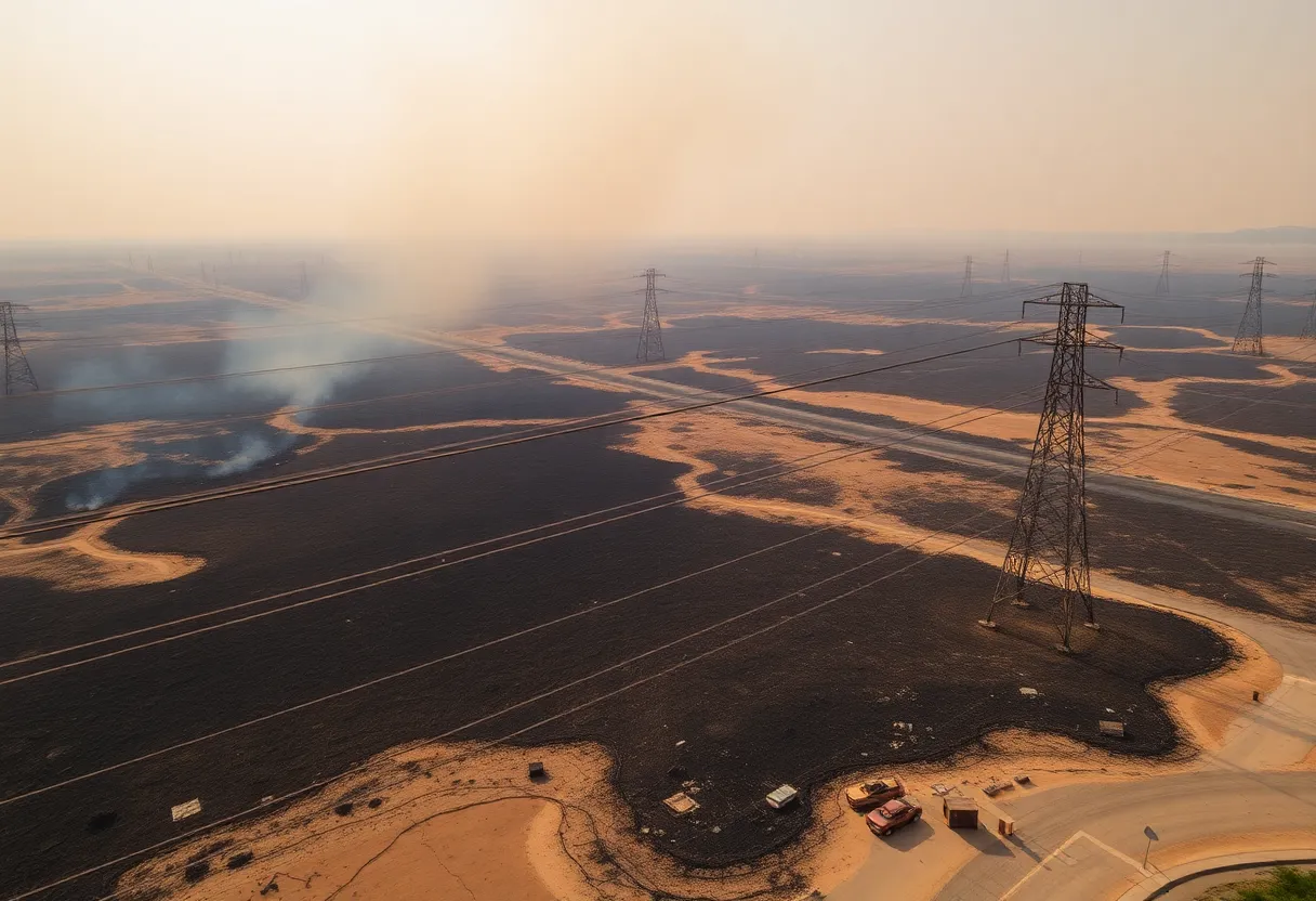 Burned land after the Eaton Fire with power lines in the foreground.