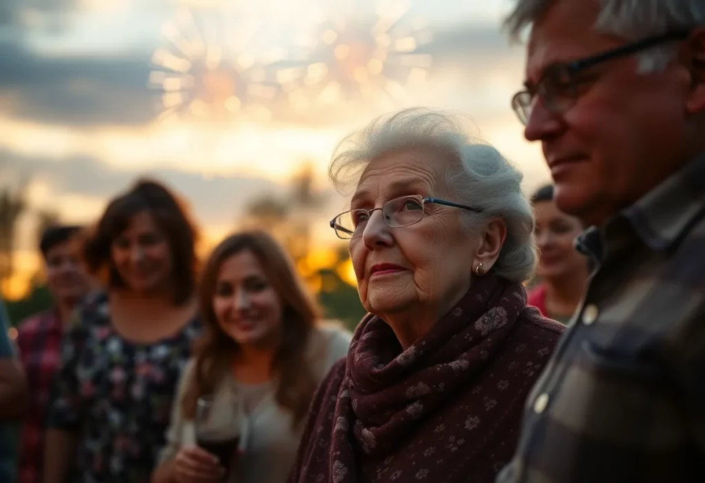 Portrait of Shirley Witcombe surrounded by family in a sunset setting