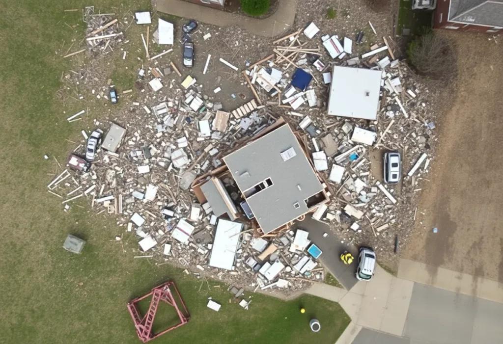 Aerial view showing the destruction caused by the tornado in St. Louis.