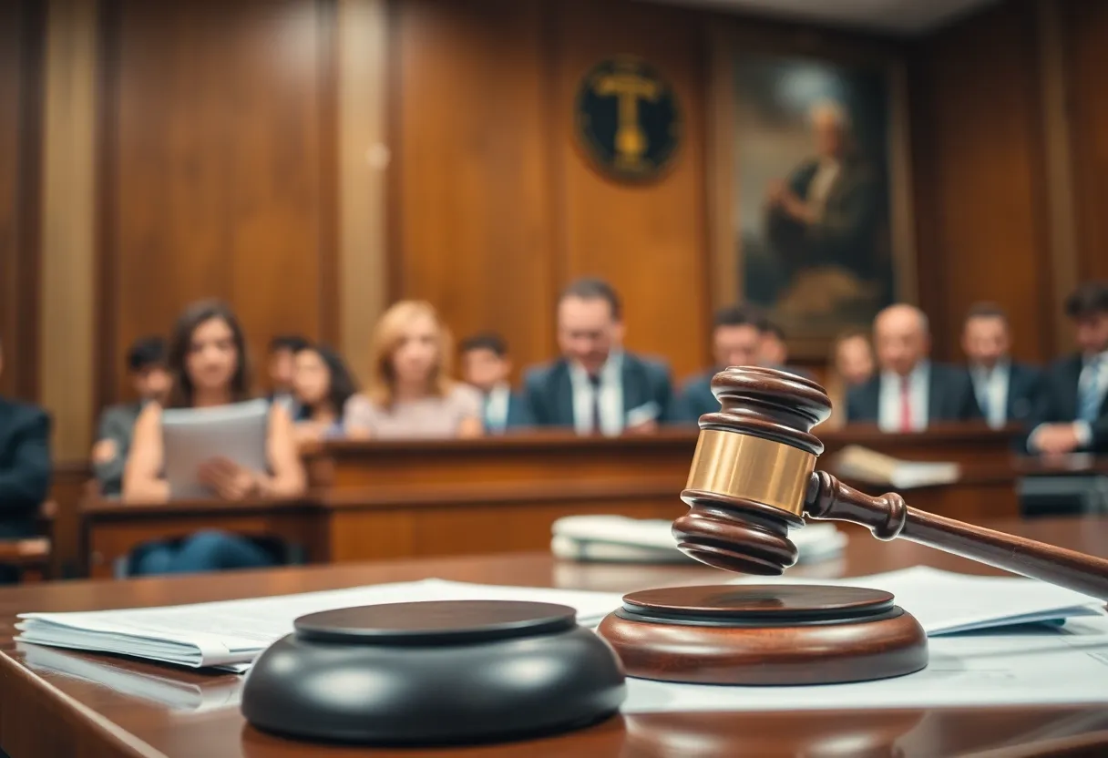 Courtroom scene with jury and legal documents