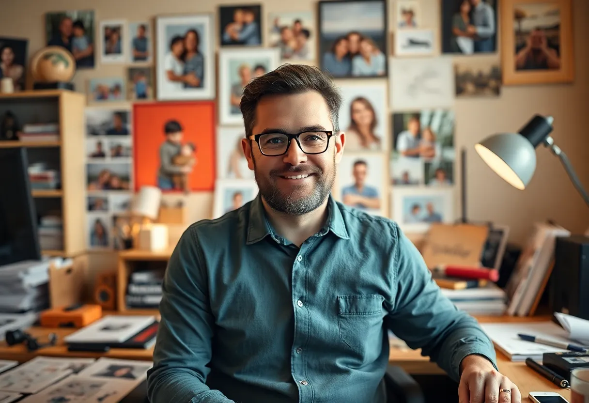 Tiit Telmet at work, surrounded by family photographs and design materials.