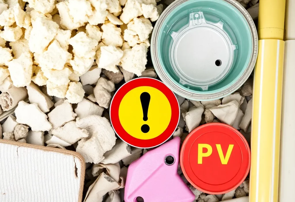 A visual representation of toxic building materials like asbestos and lead-based paint.