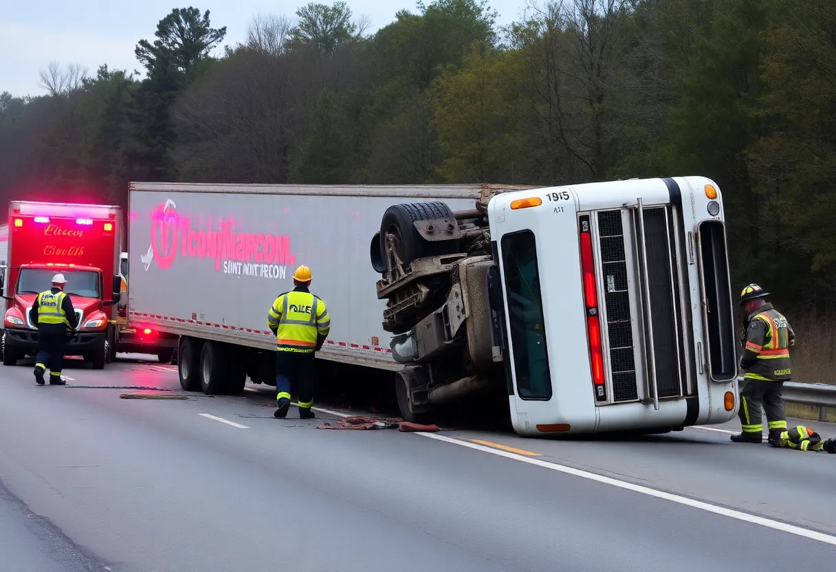 Emergency services attending to a tractor-trailer rollover involving hazardous materials.