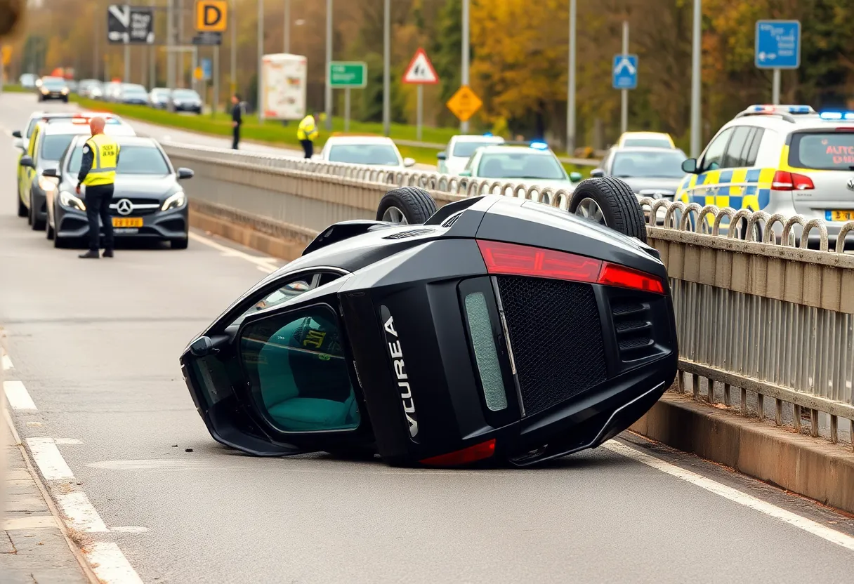 Scene of a tragic car crash with an overturned Audi R8