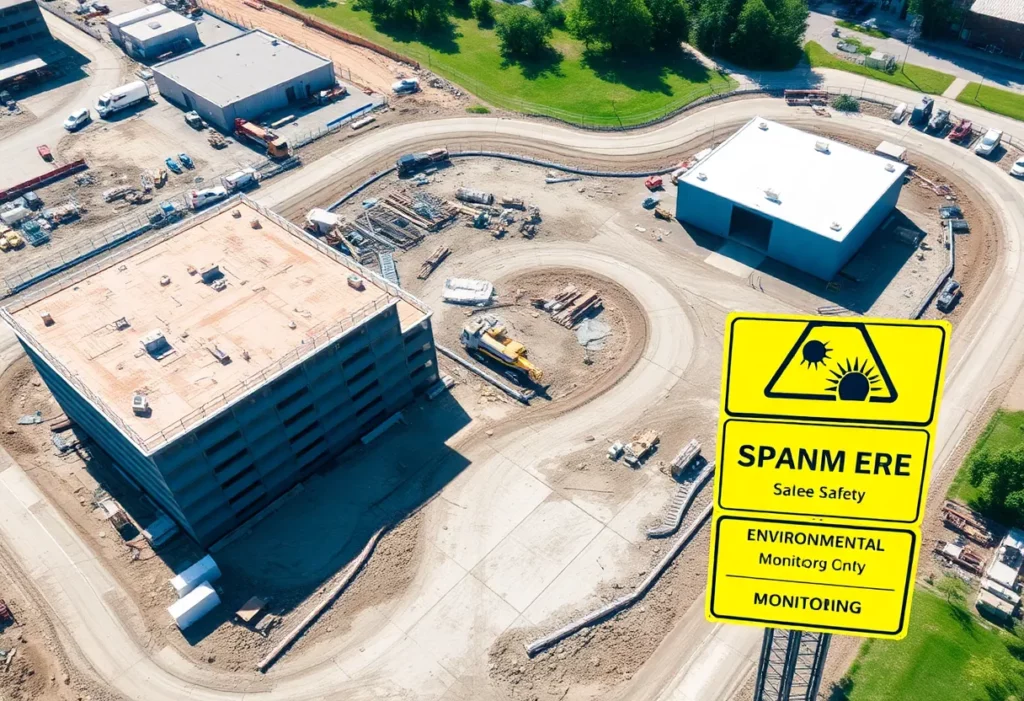 Aerial view of Trumbull Center construction site marked with safety signs