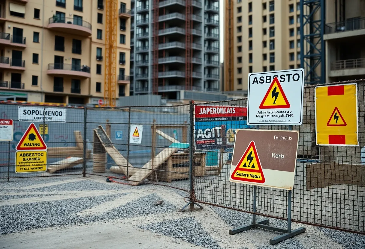 Construction site warning sign for asbestos dangers amidst redevelopment in Springfield.
