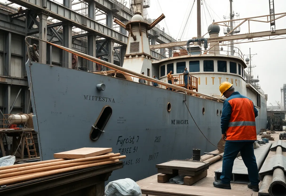 Historical image of USS Eversole during construction with aware crew members.