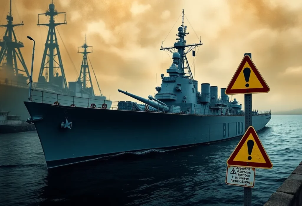 USS Rich destroyer with asbestos warning signs