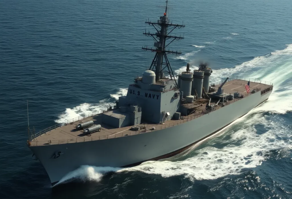 USS Shelton, a Gearing-class destroyer, sailing in the sea.