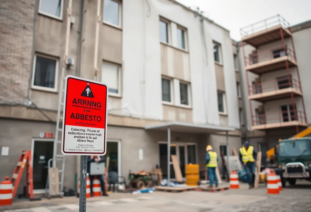 Construction site indicating asbestos violations with warning signs