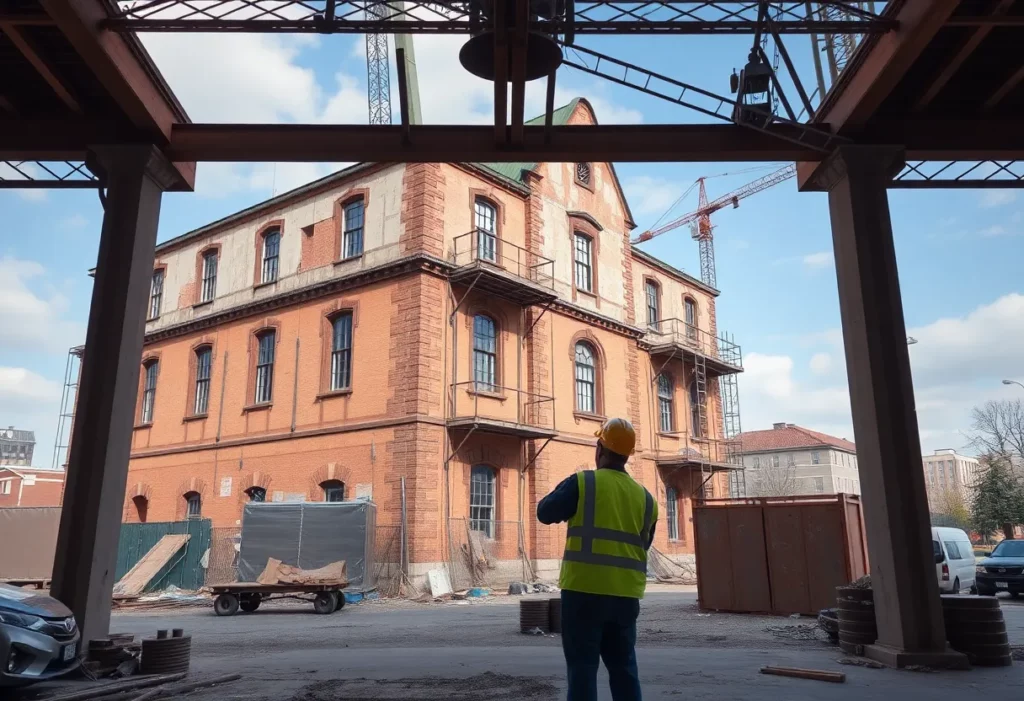 Historical building renovation in Vernon with safety measures in place.