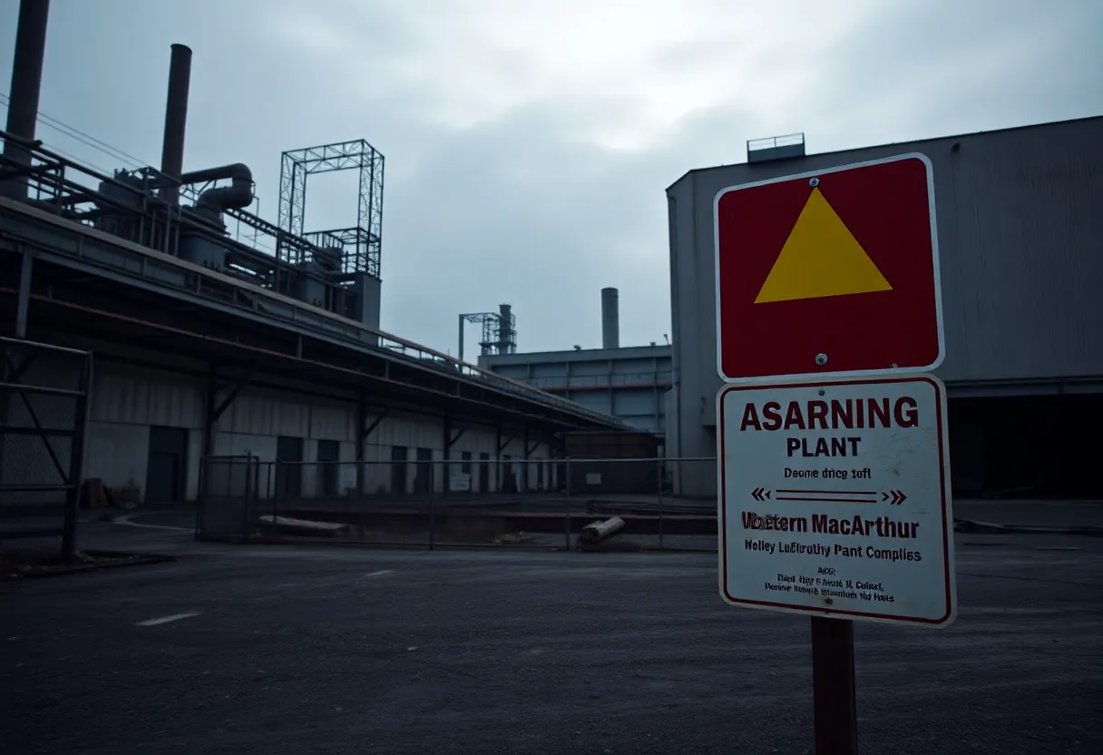 View of the abandoned Western MacArthur asbestos plant highlighting warning signs.
