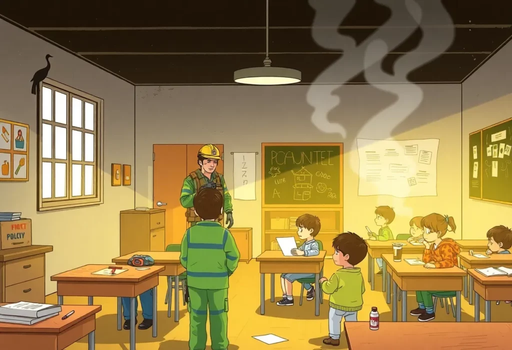 Illustration showing the dangers of asbestos exposure in schools and among first responders.