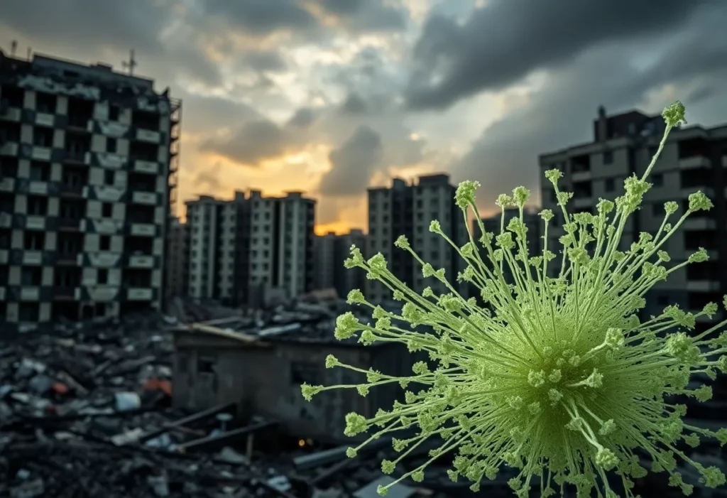 Graphic depiction of asbestos fibers in a hazardous environment