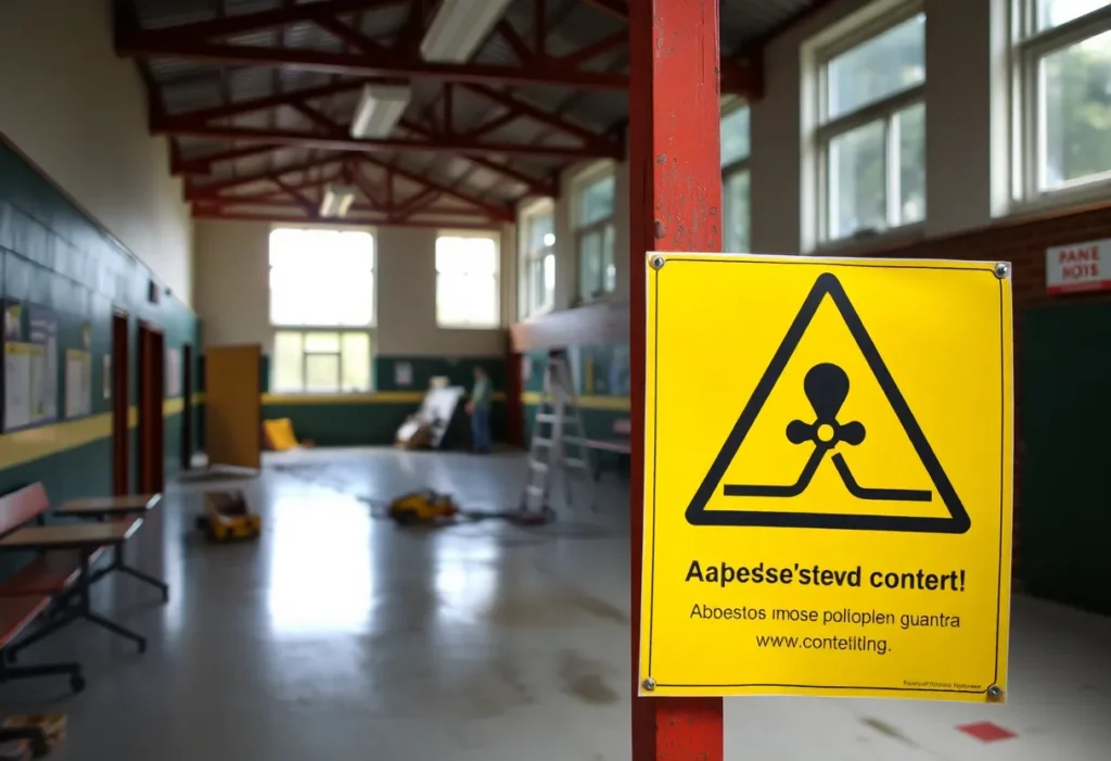 Warning sign about asbestos hazards in a school building