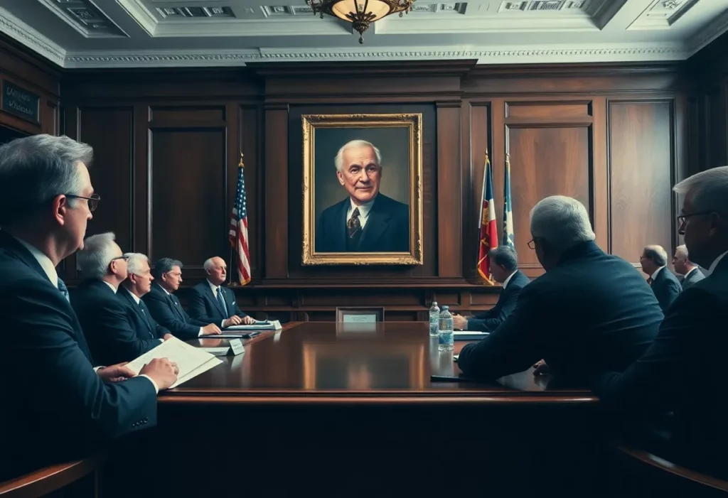 Courtroom scene depicting historical asbestos litigation with Clarence Borel's portrait.