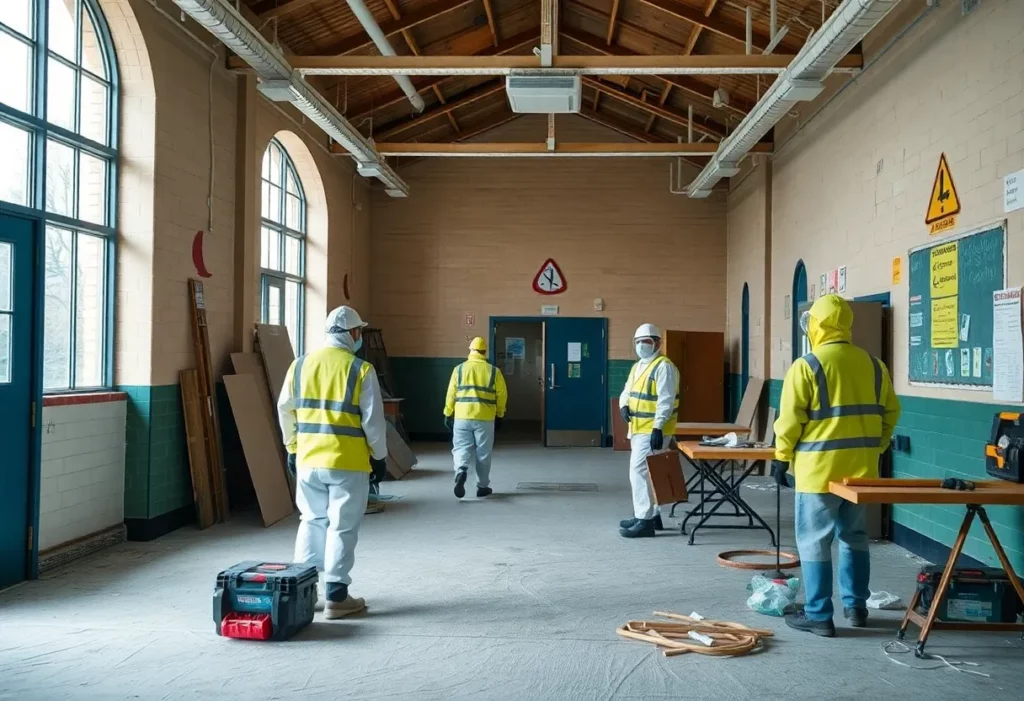 Workers in protective gear conducting asbestos remediation in a school.