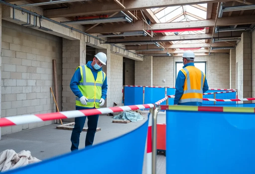 Workers assessing building materials for asbestos at a construction site
