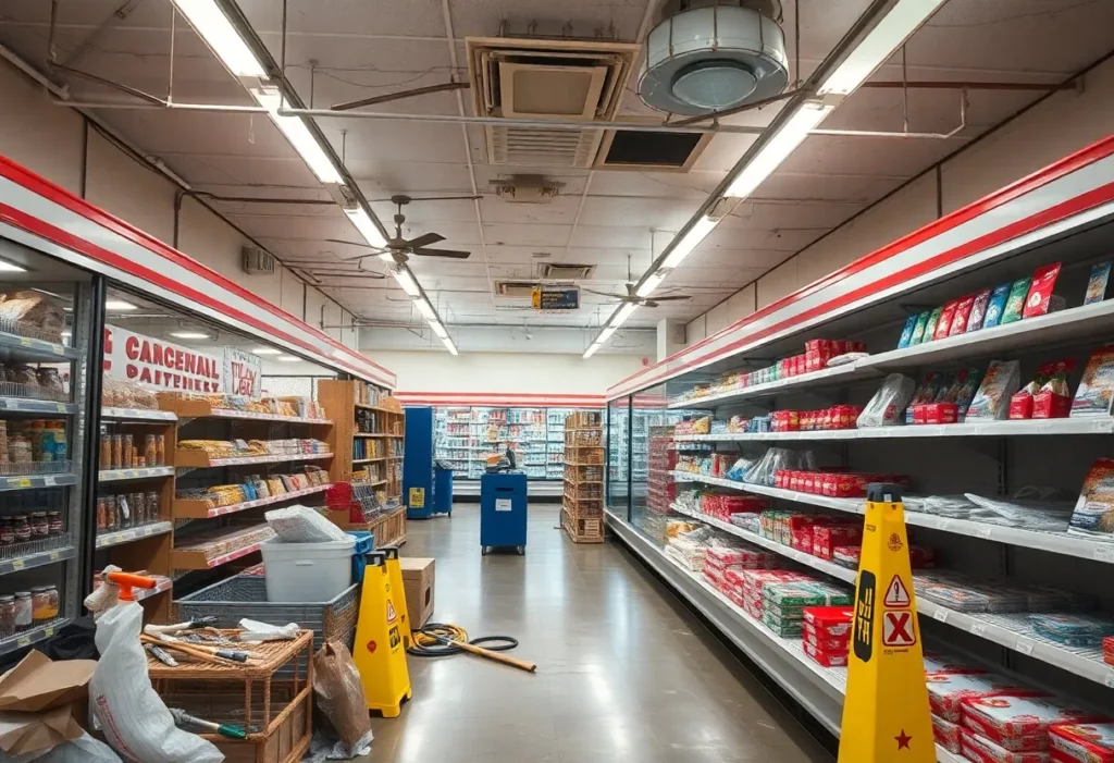 Interior of a supermarket under renovation showcasing potential asbestos risks