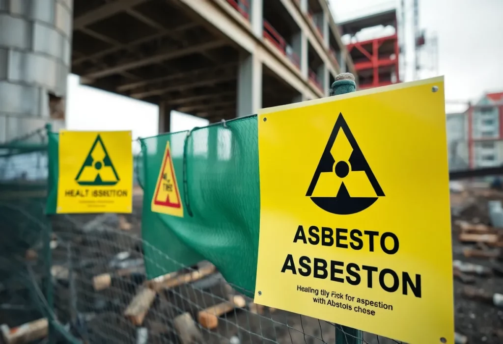 Warning sign indicating asbestos presence at a construction site